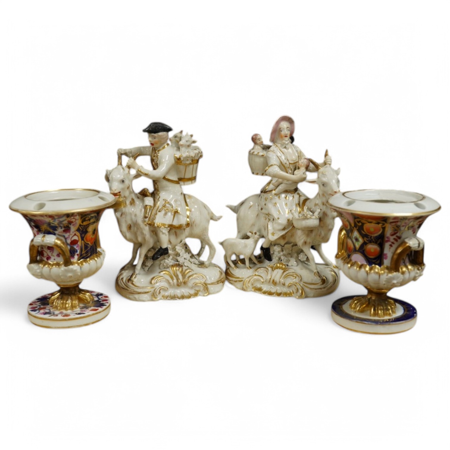 A pair of Bloor Derby white and gilt porcelain figures, Tailor and his Wife, together with a pair of small Imari pattern campaign spill vases, largest 14cm high. Condition - some restoration